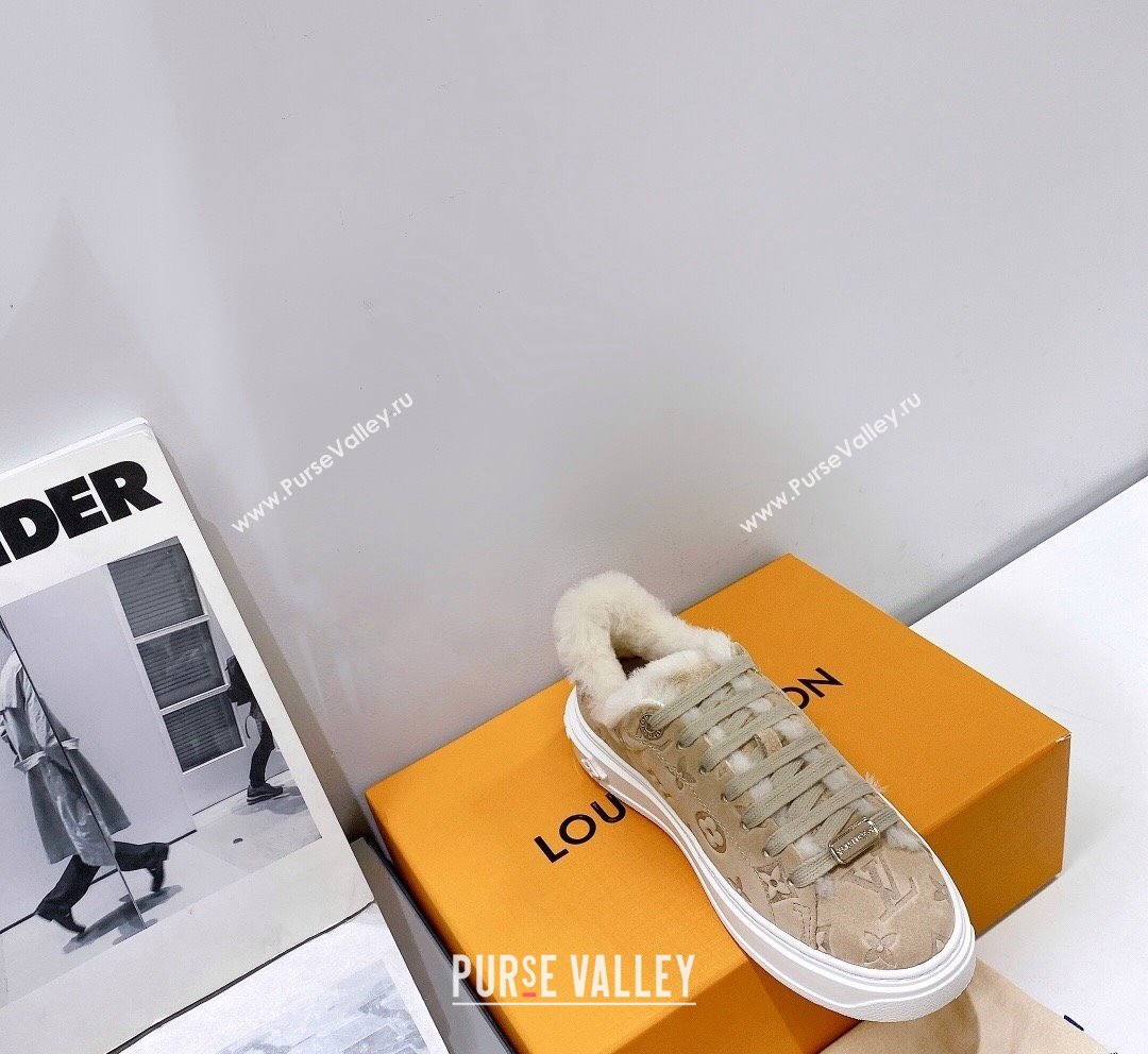 Louis Vuitton Time Out Sneakers in Monogram Suede and Shearling Beige 2023 (SS-231016129)