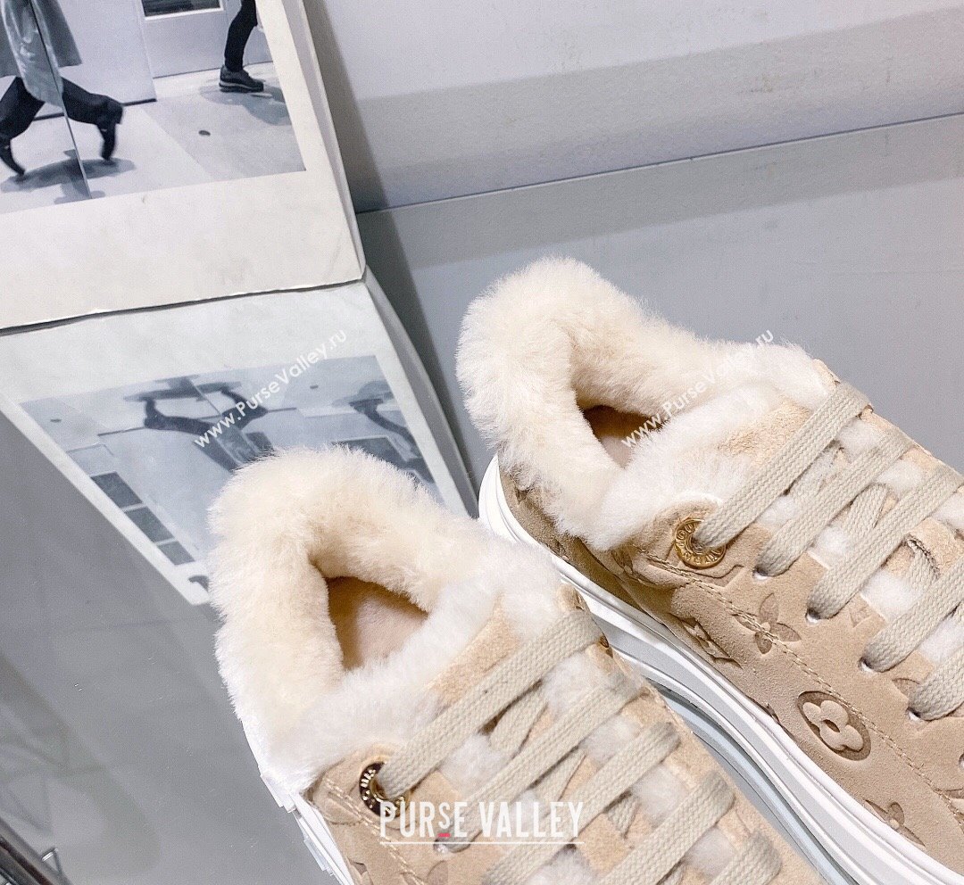 Louis Vuitton Time Out Sneakers in Monogram Suede and Shearling Beige 2023 (SS-231016129)