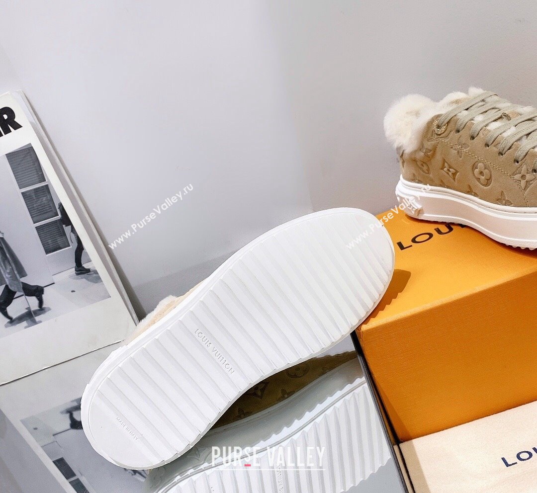 Louis Vuitton Time Out Sneakers in Monogram Suede and Shearling Beige 2023 (SS-231016129)