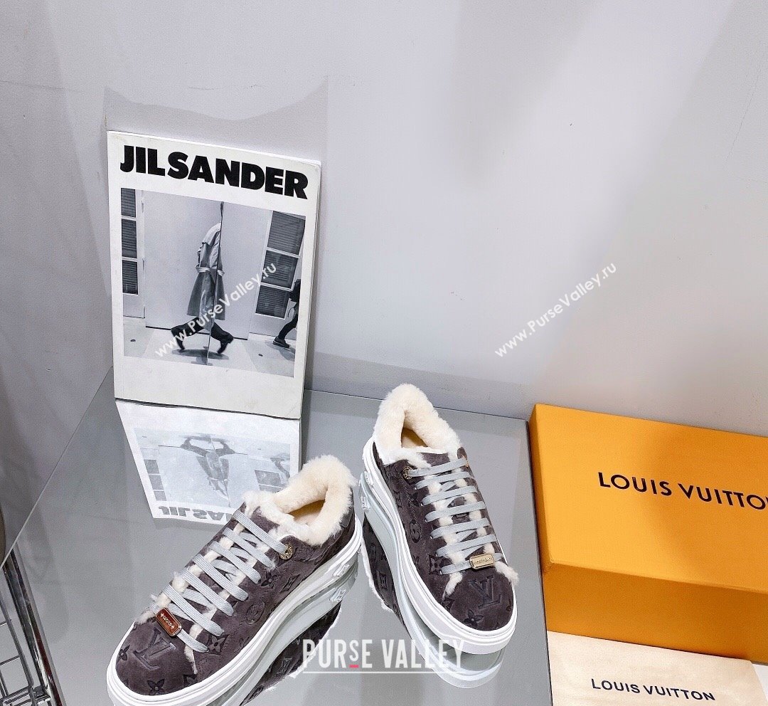 Louis Vuitton Time Out Sneakers in Monogram Suede and Shearling Dark Grey 2023 (SS-231016130)