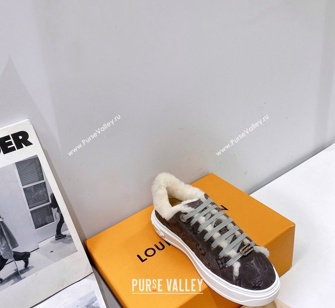 Louis Vuitton Time Out Sneakers in Monogram Suede and Shearling Dark Grey 2023 (SS-231016130)