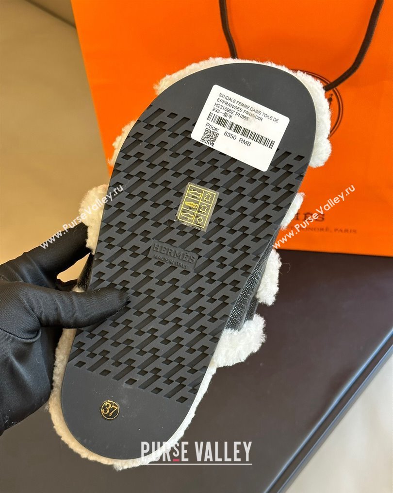 Hermes Chypre Flat Sandals in Palm-Grained Leather Black 2023 1027 (MD-231027017)