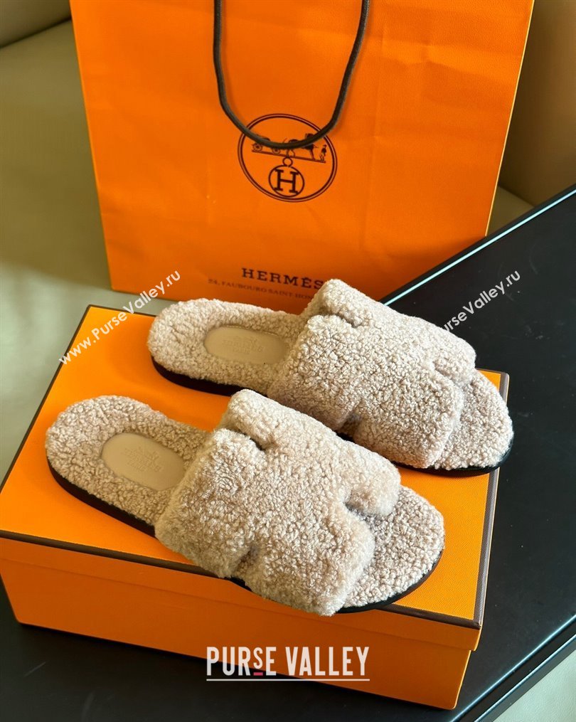 Hermes Izmir Shearling Flat Slide Sandals Beige 2023 HS1027 (SS-231027023)