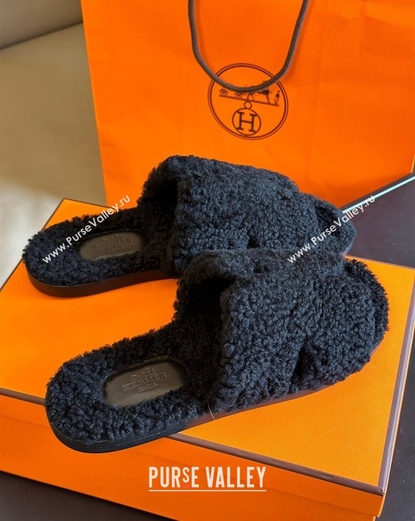 Hermes Izmir Shearling Flat Slide Sandals Black 2023 HS1027 (SS-231027024)