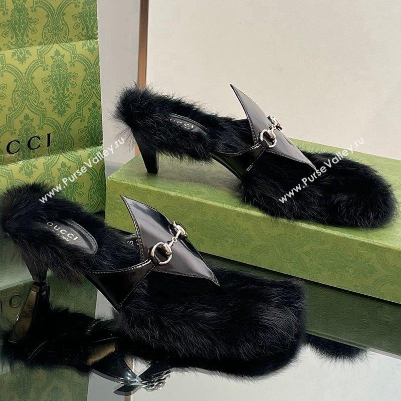 Gucci Horsebit Thong Heel Slide Sandals 5.5cm in Patent Leather and Wool Black 2 2023 764196 (SS-231026113)