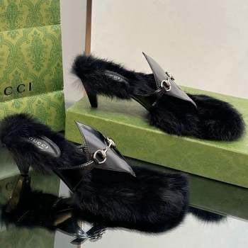 Gucci Horsebit Thong Heel Slide Sandals 5.5cm in Patent Leather and Wool Black 2 2023 764196 (SS-231026113)