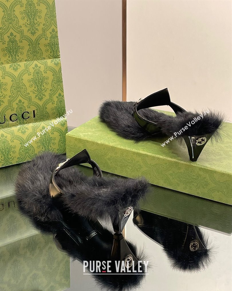 Gucci Horsebit Thong Heel Slide Sandals 5.5cm in Patent Leather and Wool Black 2 2023 764196 (SS-231026113)