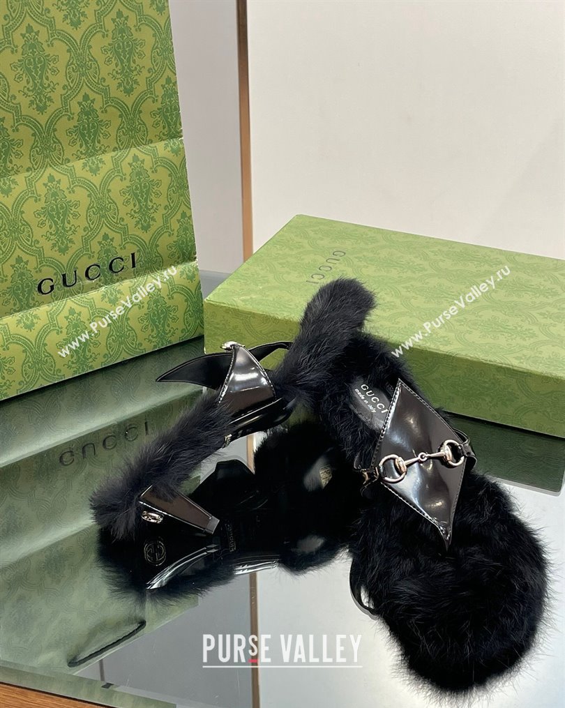 Gucci Horsebit Thong Heel Slide Sandals 5.5cm in Patent Leather and Wool Black 2 2023 764196 (SS-231026113)