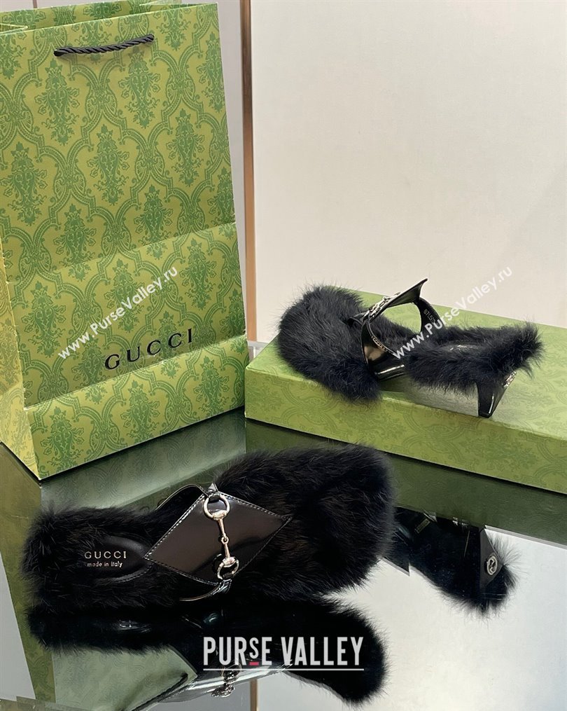 Gucci Horsebit Thong Heel Slide Sandals 5.5cm in Patent Leather and Wool Black 2 2023 764196 (SS-231026113)