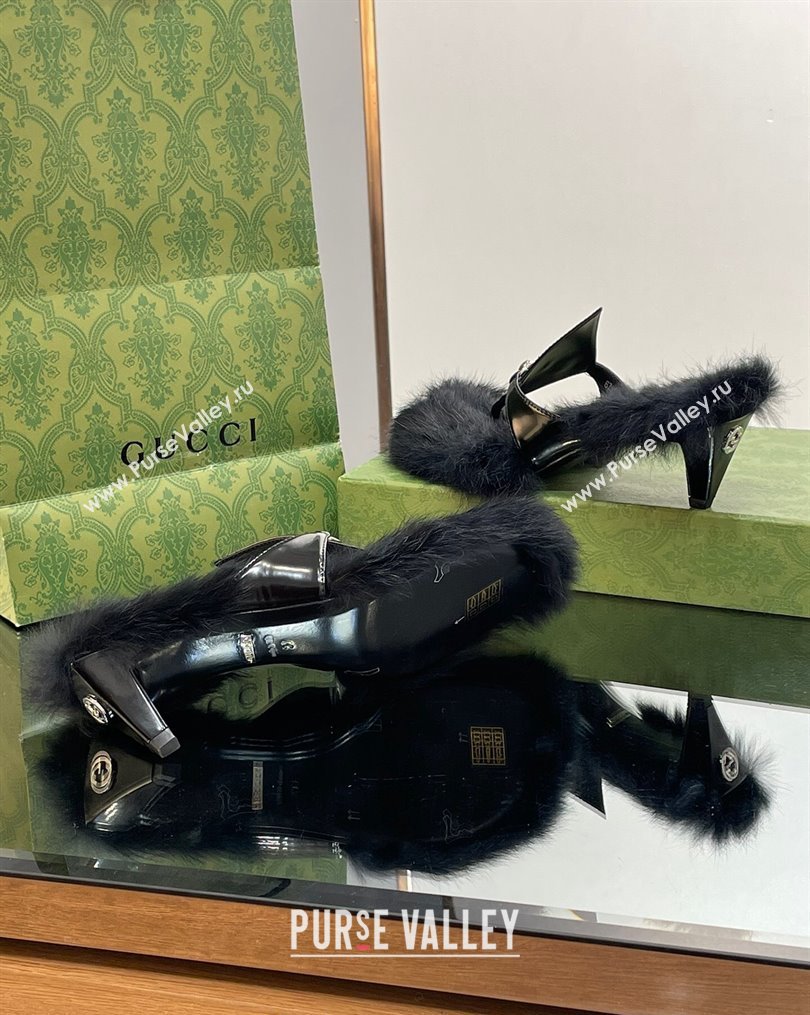 Gucci Horsebit Thong Heel Slide Sandals 5.5cm in Patent Leather and Wool Black 2 2023 764196 (SS-231026113)