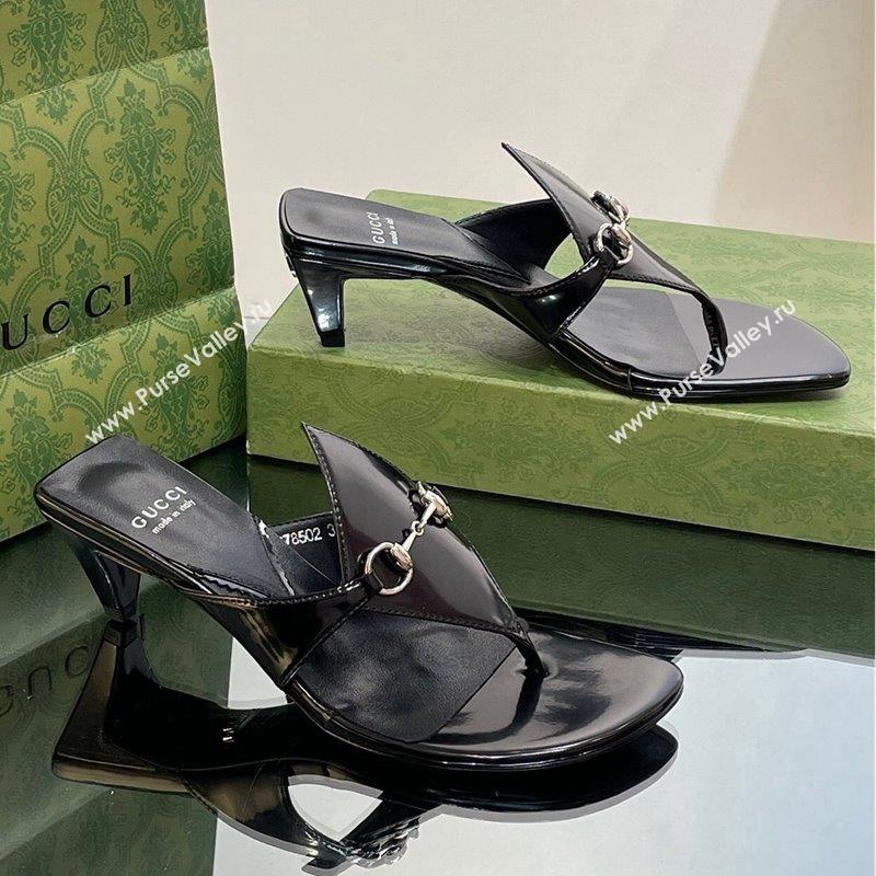 Gucci Horsebit Thong Heel Slide Sandals 5.5cm in Patent Leather 764197 Black 2 2023 (SS-231026114)