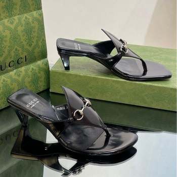 Gucci Horsebit Thong Heel Slide Sandals 5.5cm in Patent Leather 764197 Black 2 2023 (SS-231026114)