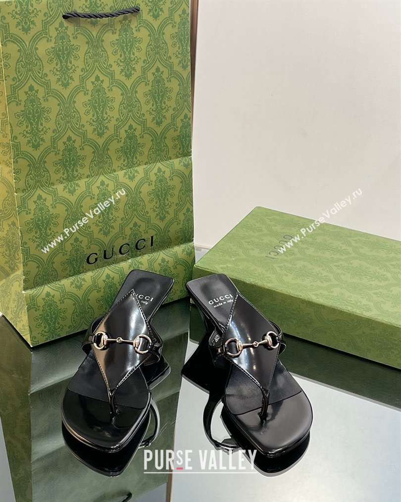 Gucci Horsebit Thong Heel Slide Sandals 5.5cm in Patent Leather 764197 Black 2 2023 (SS-231026114)