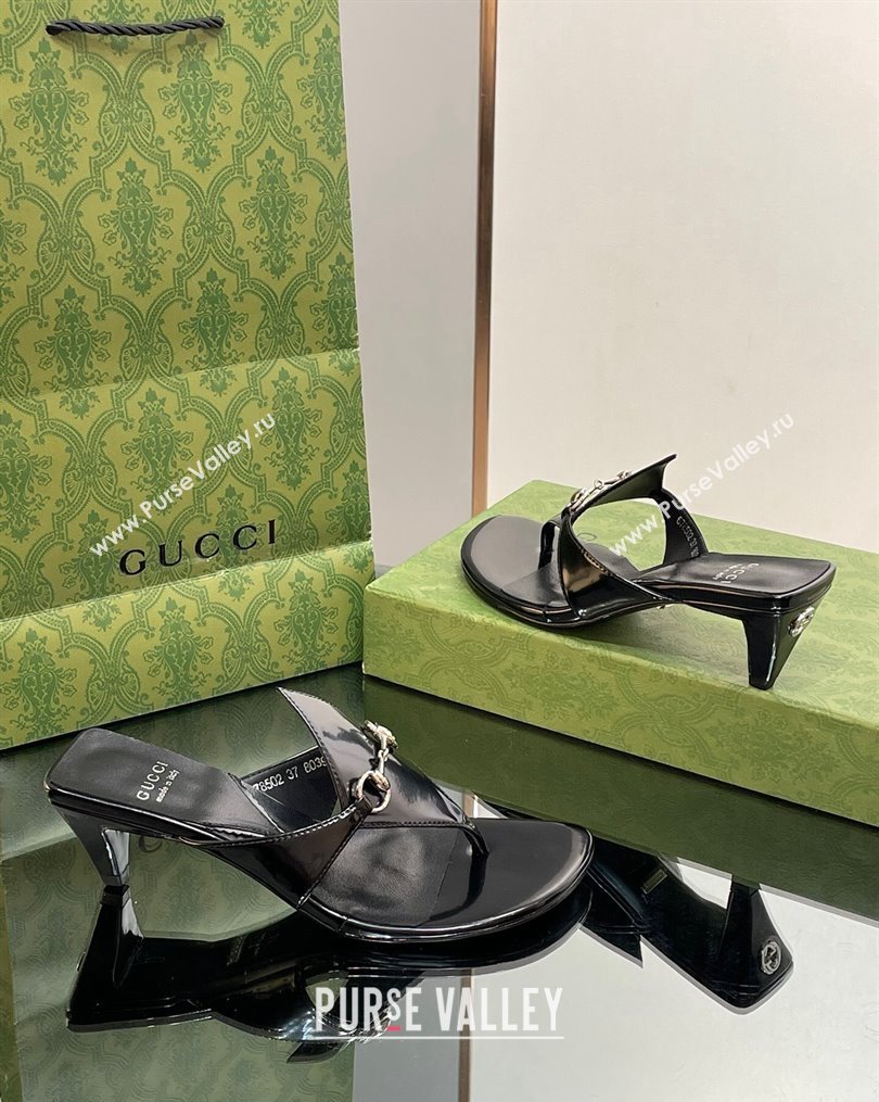 Gucci Horsebit Thong Heel Slide Sandals 5.5cm in Patent Leather 764197 Black 2 2023 (SS-231026114)