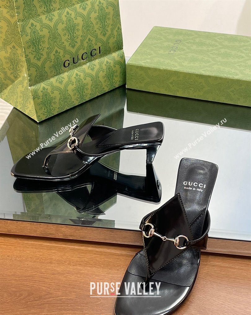 Gucci Horsebit Thong Heel Slide Sandals 5.5cm in Patent Leather 764197 Black 2 2023 (SS-231026114)