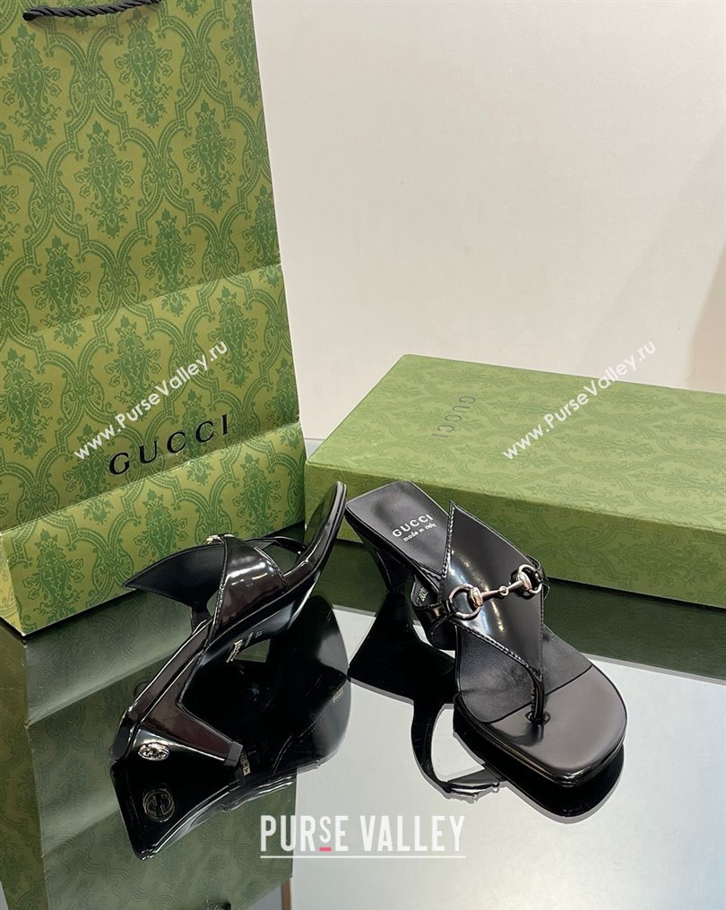 Gucci Horsebit Thong Heel Slide Sandals 5.5cm in Patent Leather 764197 Black 2 2023 (SS-231026114)