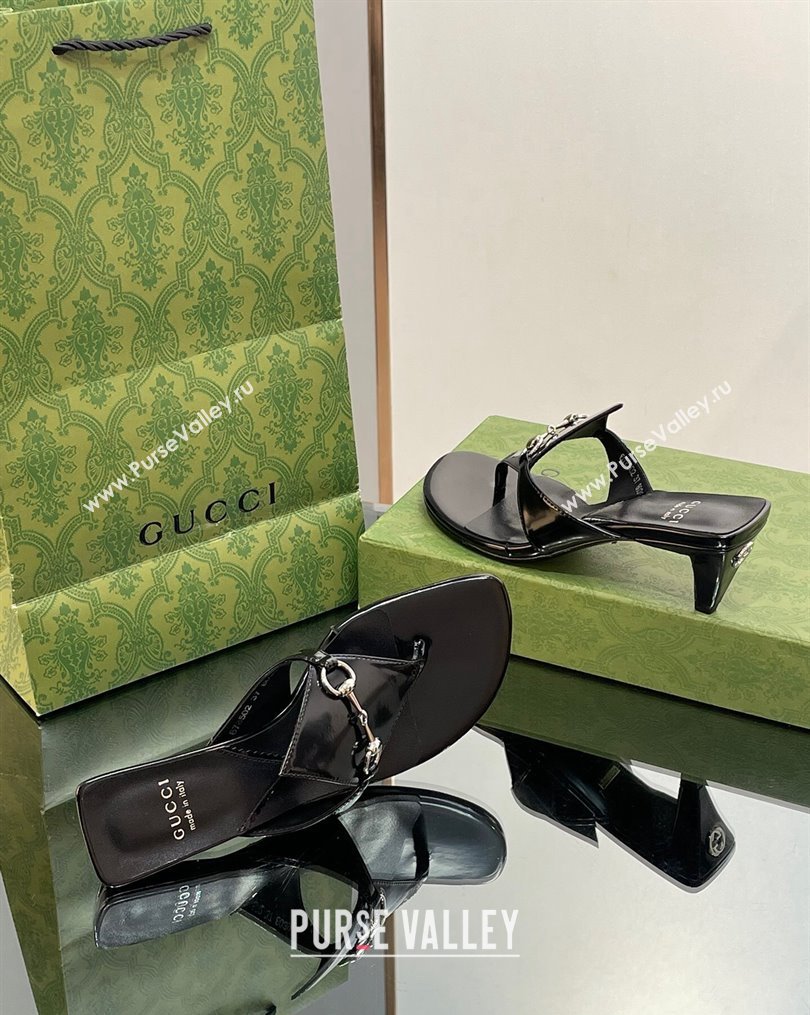 Gucci Horsebit Thong Heel Slide Sandals 5.5cm in Patent Leather 764197 Black 2 2023 (SS-231026114)