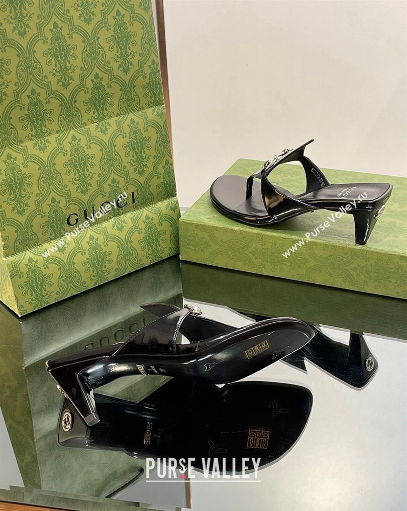 Gucci Horsebit Thong Heel Slide Sandals 5.5cm in Patent Leather 764197 Black 2 2023 (SS-231026114)