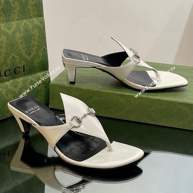 Gucci Horsebit Thong Heel Slide Sandals 5.5cm in Patent Leather 764197 White/Black 2023 (SS-231026115)