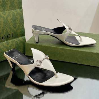 Gucci Horsebit Thong Heel Slide Sandals 5.5cm in Patent Leather 764197 White/Black 2023 (SS-231026115)