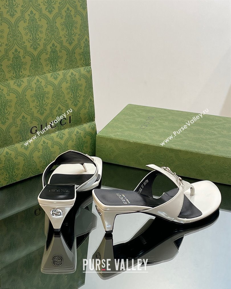 Gucci Horsebit Thong Heel Slide Sandals 5.5cm in Patent Leather 764197 White/Black 2023 (SS-231026115)