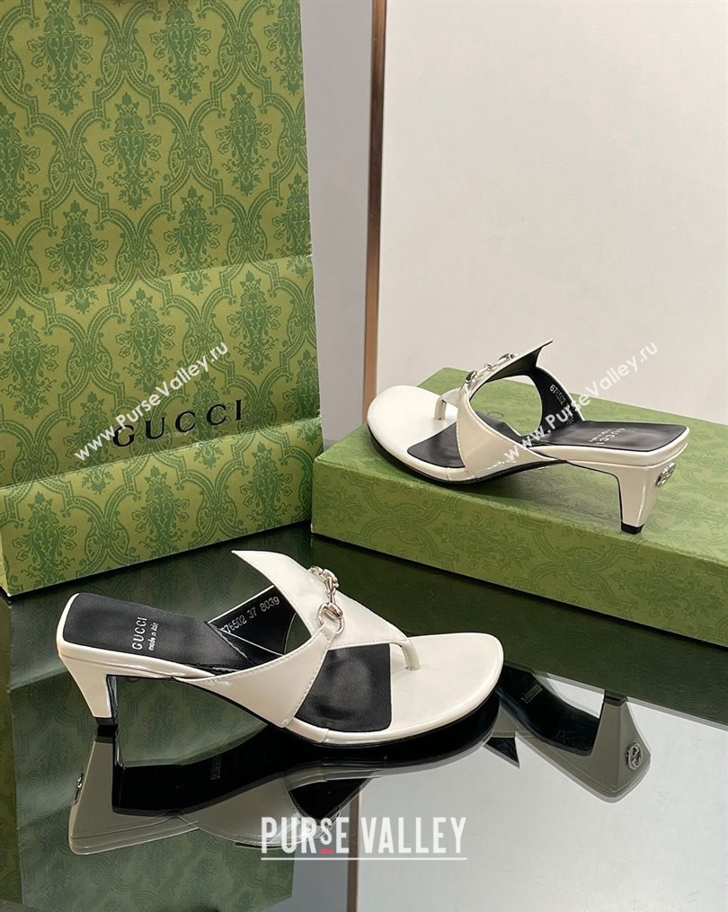 Gucci Horsebit Thong Heel Slide Sandals 5.5cm in Patent Leather 764197 White/Black 2023 (SS-231026115)