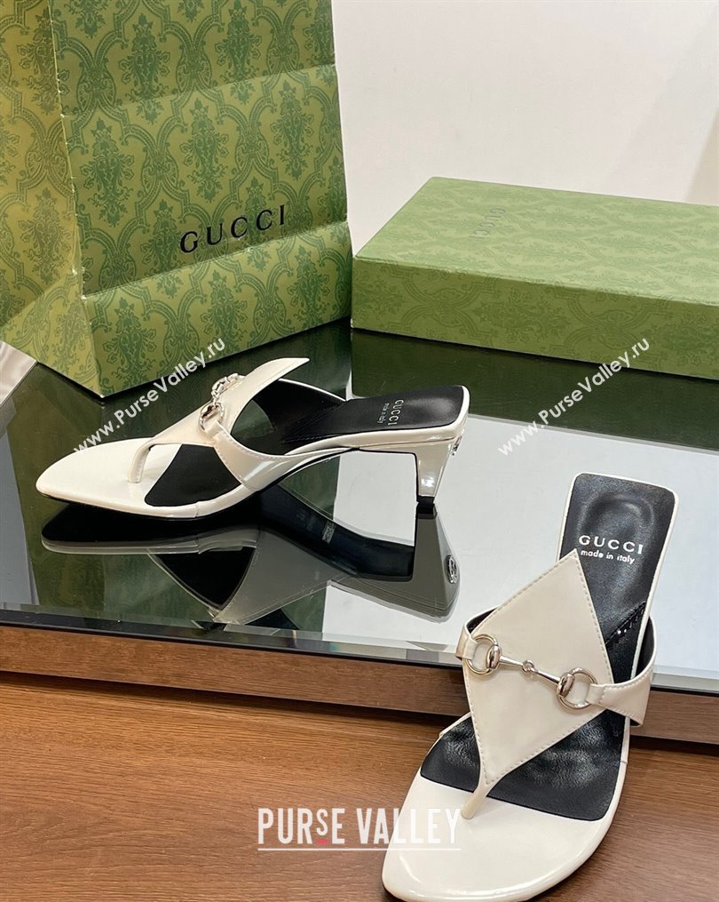 Gucci Horsebit Thong Heel Slide Sandals 5.5cm in Patent Leather 764197 White/Black 2023 (SS-231026115)