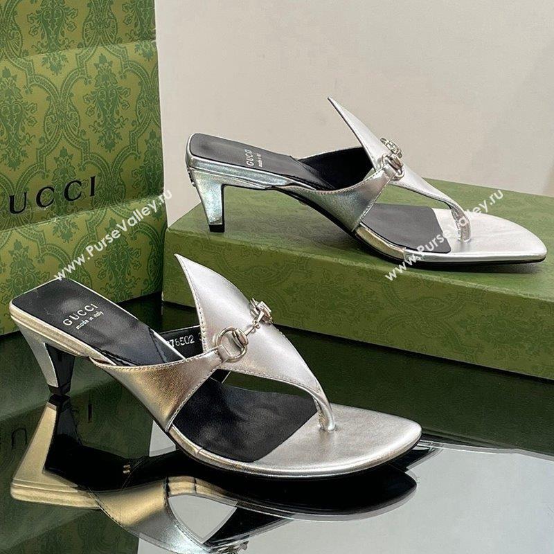 Gucci Horsebit Thong Heel Slide Sandals 5.5cm in Patent Leather 764197 Silver 2023 (SS-231026116)