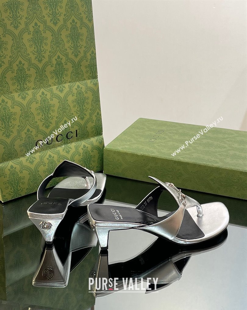 Gucci Horsebit Thong Heel Slide Sandals 5.5cm in Patent Leather 764197 Silver 2023 (SS-231026116)