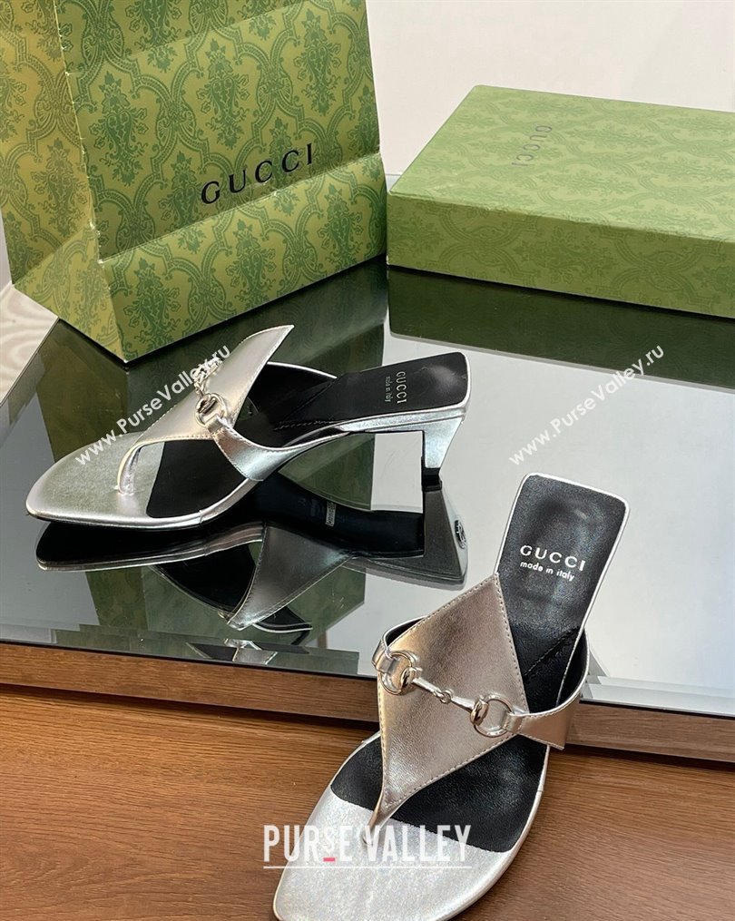 Gucci Horsebit Thong Heel Slide Sandals 5.5cm in Patent Leather 764197 Silver 2023 (SS-231026116)