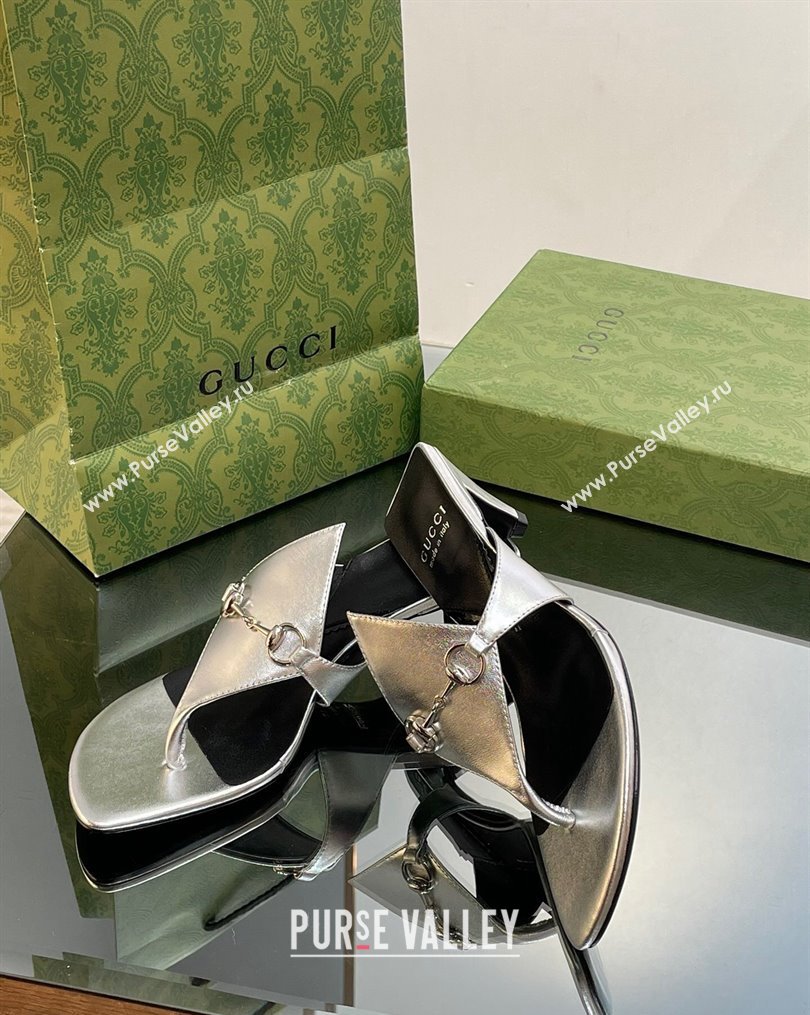 Gucci Horsebit Thong Heel Slide Sandals 5.5cm in Patent Leather 764197 Silver 2023 (SS-231026116)