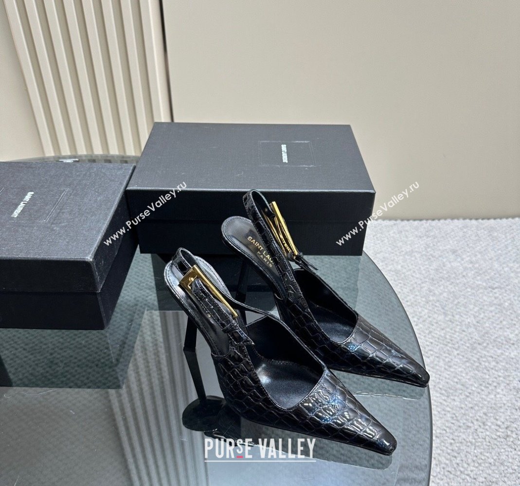 Saint Laurent Lee Slingback Pumps 10.5cm with Buckle in Crocodile Embossed Leather 2023 763421 (MD-231106060)