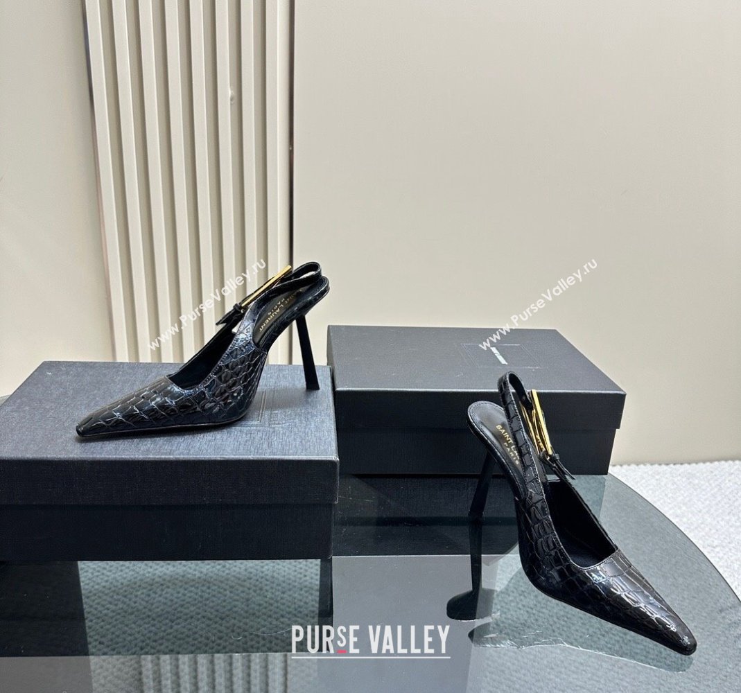 Saint Laurent Lee Slingback Pumps 10.5cm with Buckle in Crocodile Embossed Leather 2023 763421 (MD-231106060)