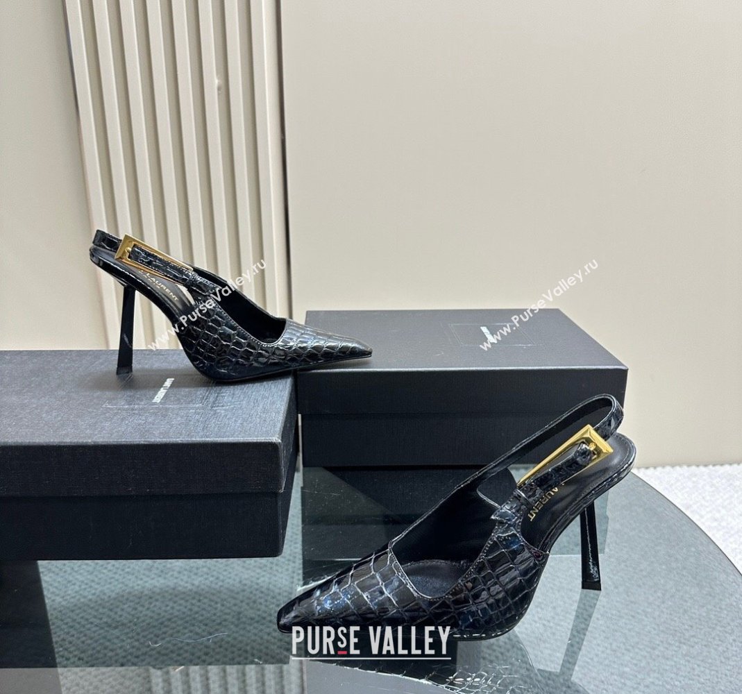 Saint Laurent Lee Slingback Pumps 10.5cm with Buckle in Crocodile Embossed Leather 2023 763421 (MD-231106060)