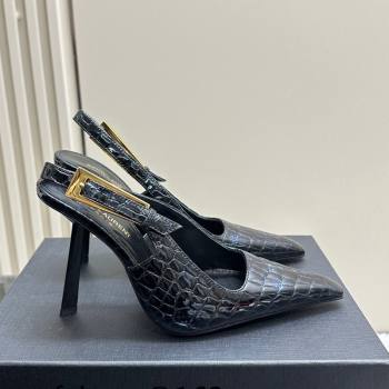 Saint Laurent Lee Slingback Pumps 10.5cm with Buckle in Crocodile Embossed Leather 2023 763421 (MD-231106060)