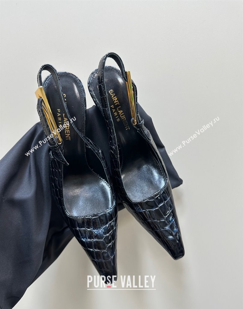 Saint Laurent Lee Slingback Pumps 10.5cm with Buckle in Crocodile Embossed Leather 2023 763421 (MD-231106060)