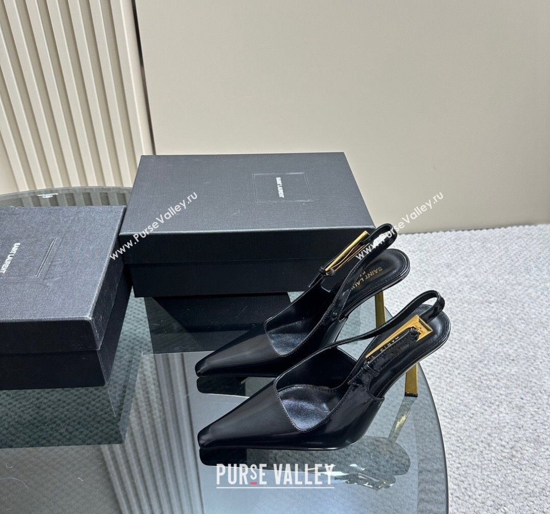 Saint Laurent Lee Slingback Pumps 10.5cm with Buckle in Brushed Leather Black 2023 763421 (MD-231106061)