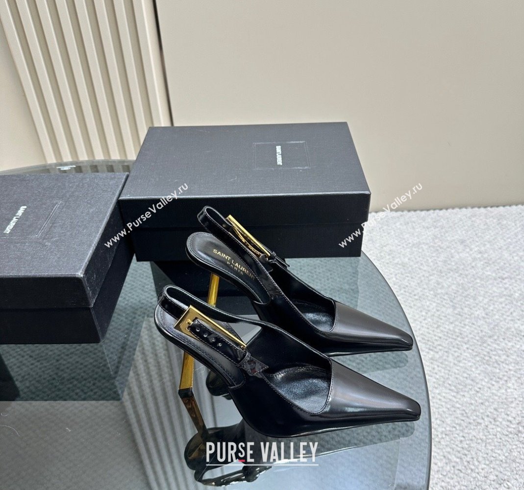 Saint Laurent Lee Slingback Pumps 10.5cm with Buckle in Brushed Leather Black 2023 763421 (MD-231106061)