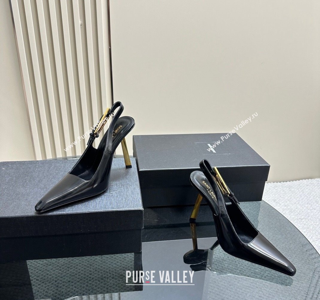 Saint Laurent Lee Slingback Pumps 10.5cm with Buckle in Brushed Leather Black 2023 763421 (MD-231106061)