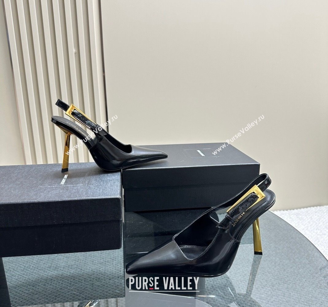 Saint Laurent Lee Slingback Pumps 10.5cm with Buckle in Brushed Leather Black 2023 763421 (MD-231106061)