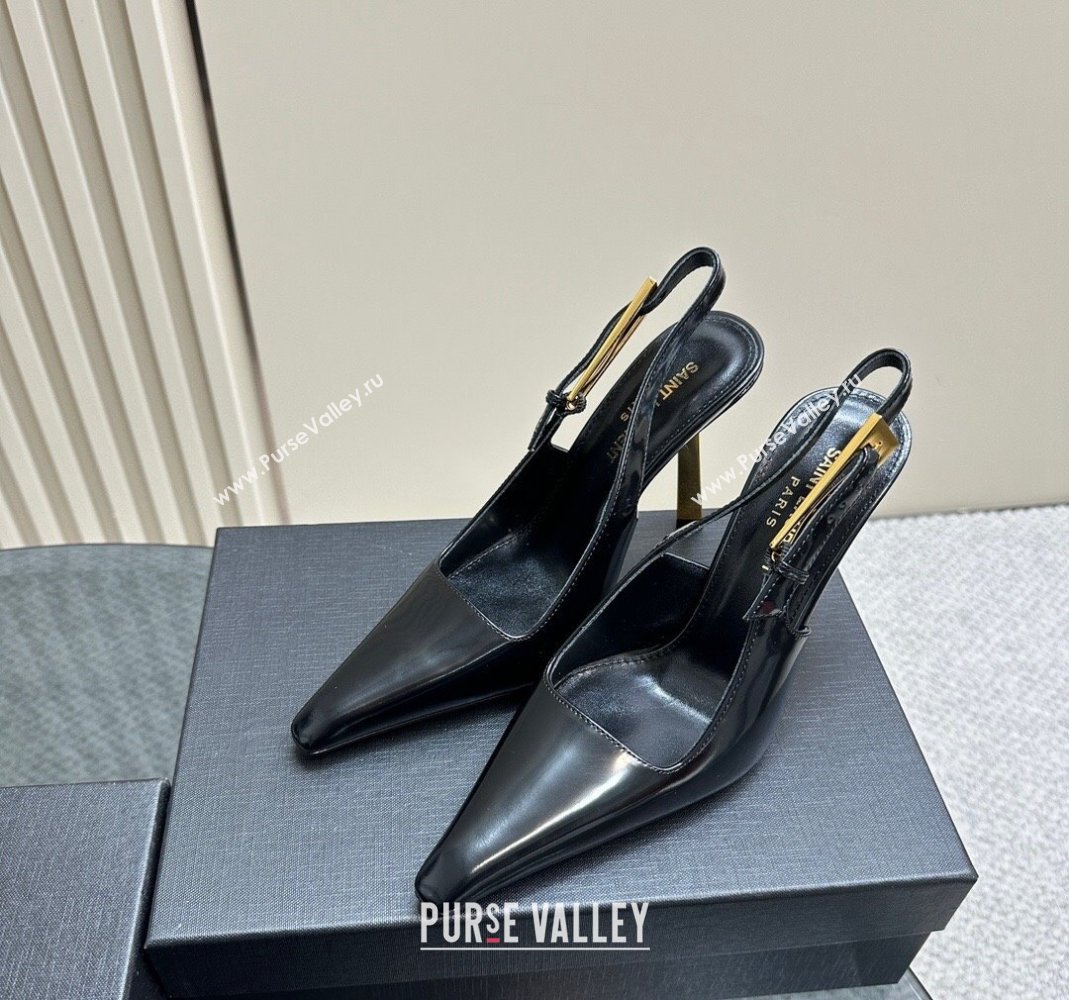 Saint Laurent Lee Slingback Pumps 10.5cm with Buckle in Brushed Leather Black 2023 763421 (MD-231106061)