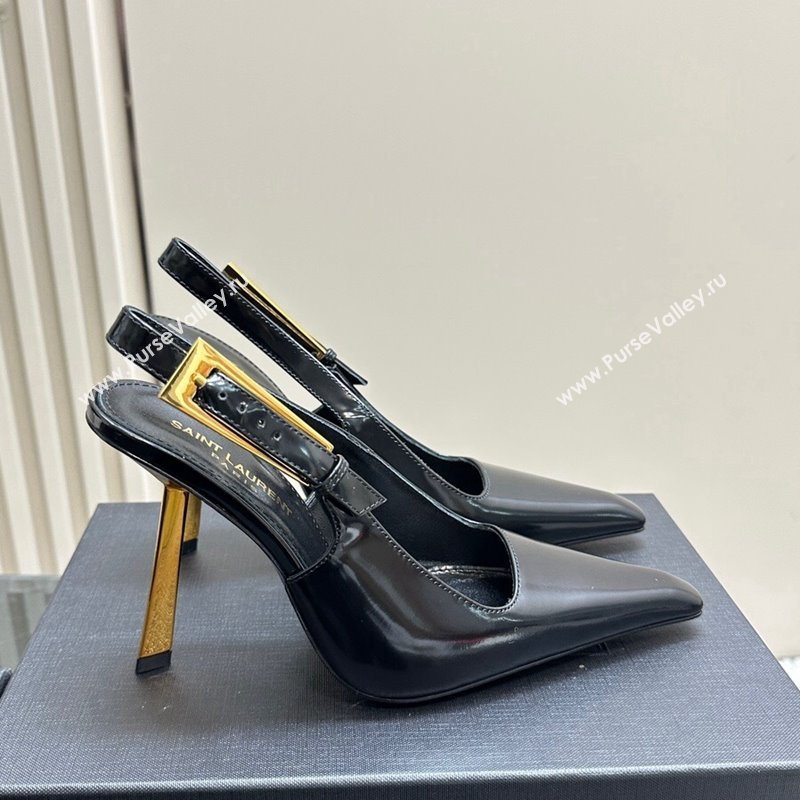 Saint Laurent Lee Slingback Pumps 10.5cm with Buckle in Brushed Leather Black 2023 763421 (MD-231106061)