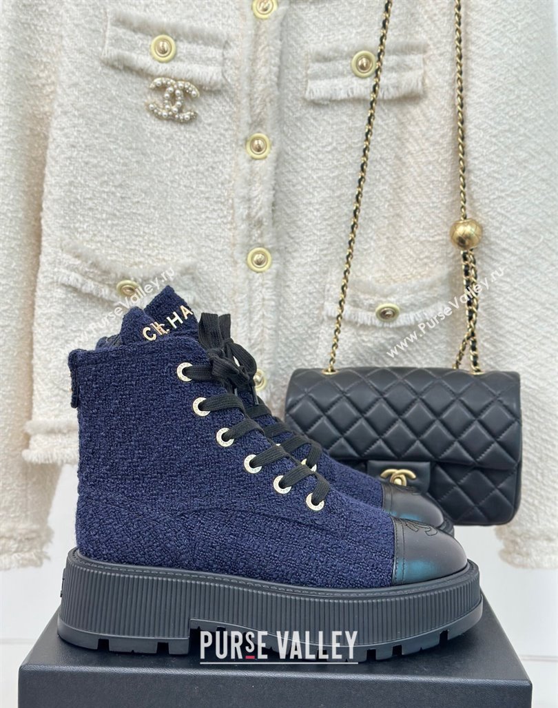 Chanel Tweed Platform Ankle Boots 5cm Navy Blue 2023 CH08102 (MD-231106052)