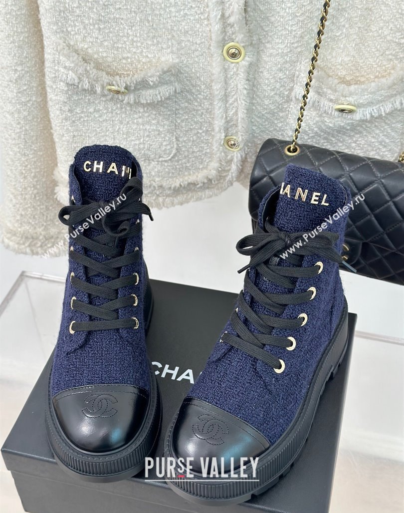 Chanel Tweed Platform Ankle Boots 5cm Navy Blue 2023 CH08102 (MD-231106052)