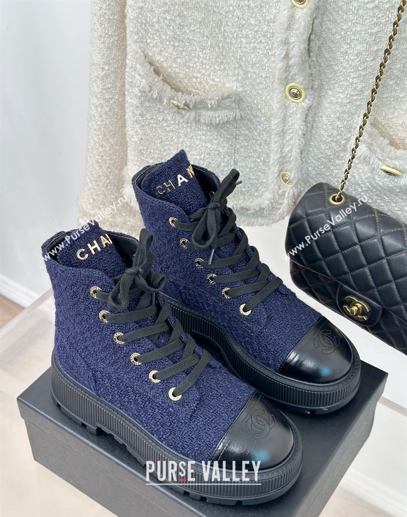 Chanel Tweed Platform Ankle Boots 5cm Navy Blue 2023 CH08102 (MD-231106052)