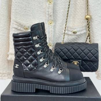 Chanel Quilted and Patent Calfskin Lace-up Ankle Boots Black 2023 CH11062 (MD-231106057)