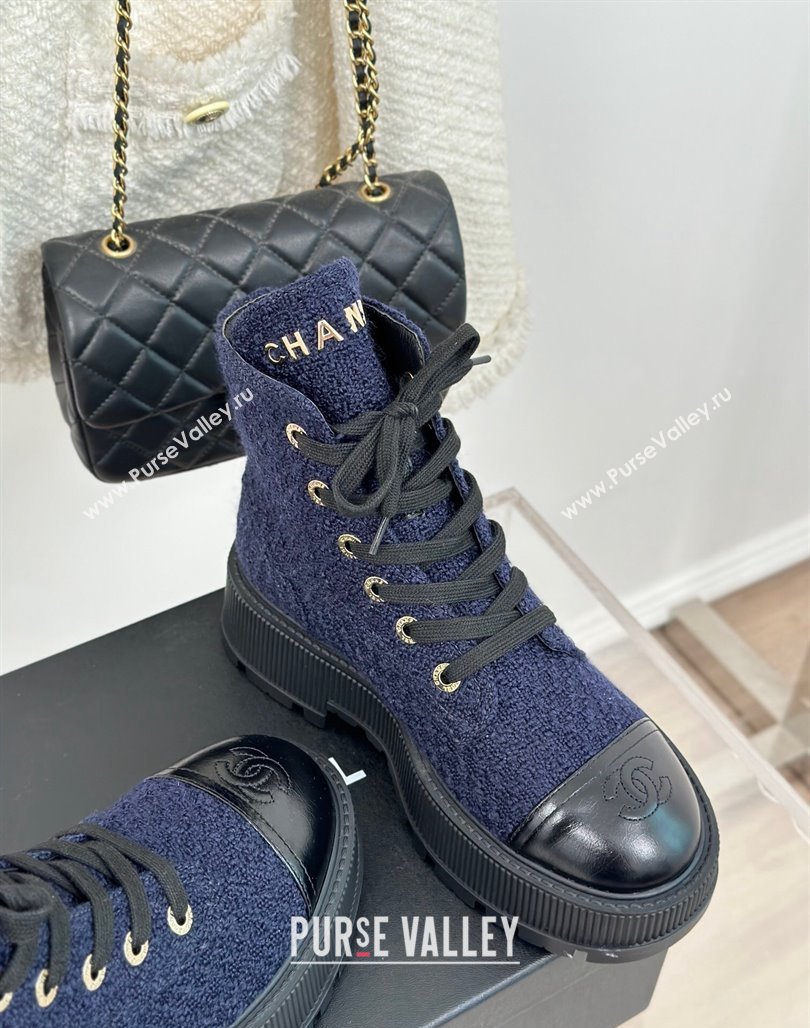 Chanel Tweed Platform Ankle Boots 5cm Navy Blue 2023 CH08102 (MD-231106052)