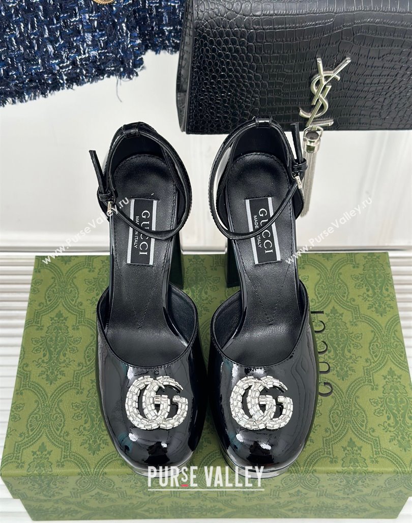 Gucci Patent Leather Platform Pumps 11.5cm with Crystals Double G Black 2023 762386 (MD-231106046)