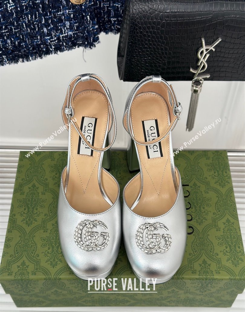 Gucci Metallic Leather Platform Pumps 11.5cm with Crystals Double G Silver 2023 762386 (MD-231106047)