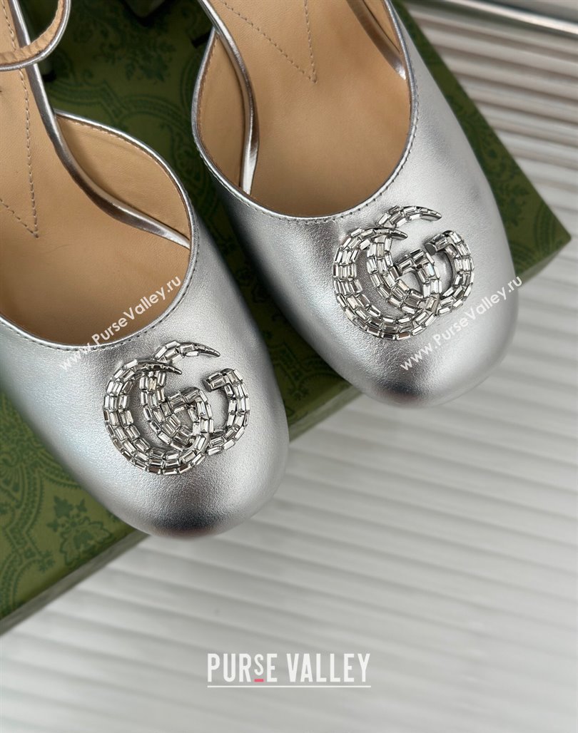 Gucci Metallic Leather Platform Pumps 11.5cm with Crystals Double G Silver 2023 762386 (MD-231106047)